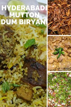 different types of food are shown with the words, hydrabab mutton and dum biryan