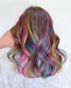 Multi Colour Hair Highlights, Brunette With Rainbow Highlights, Pastel Highlights In Brown Hair, Curly Hair Rainbow Highlights, Rainbow Hair Balayage, Multi Dimensional Dramatic Hair, Prism Highlights Hair, Rainbow Babylights Hair, Dramatic Multi Dimensional Hair Color