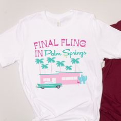 Get ready to soak up the sun in style with our collection of Palm Springs-themed bachelorette party apparel! Our trendy and stylish tees feature vibrant colors and playful graphics inspired by the iconic Palm Springs vibe, making our apparel the perfect way to show your love for this desert oasis. 4.2 oz./yd² (US) 7 oz./L yd (CA), 100% airlume combed and ringspun cotton, 32 singles Ash is 99/1 airlume combed and ringspun cotton/polyester Retail fit Unisex sizing Coverstitched collar and sleeves Shoulder-to-shoulder taping Side seams Tear away label RETURNS & EXCHANGES : These items are NON returnable as we print on demand. Due to the custom printing, we are unable to return or exchange. If you have any questions at all before ordering, please call, live chat, or email us! We are sure you w Funny Print Ring-spun Cotton Tops For Summer, Summer Tops With Funny Print In Ring-spun Cotton, Summer Funny Print T-shirt In Ring-spun Cotton, Vintage Palm Springs Bachelorette, Palm Springs Bachelorette Shirts, Funny Print Ring-spun Cotton T-shirt For Summer, Summer T-shirt With Funny Print In Ring-spun Cotton, Fun T-shirt With Sublimation Print For Spring, Spring Vacation T-shirt With Palm Tree Print