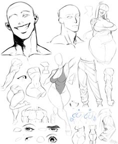 some sketches of people with different poses and body shapes, including one man's head