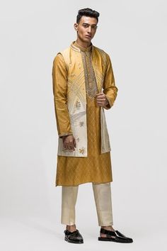 Shop for Asuka Yellow Ombre Embroidered Raw Silk Bundi And Kurta Set for Men Online at Aza Fashions Raw Silk Embroidery, Sleeveless Kurta, Dori Work, Kurta Set For Men, Embroidered Motifs, Yellow Ombre, Geometric Embroidery, Embroidery Detailing, Nehru Jackets