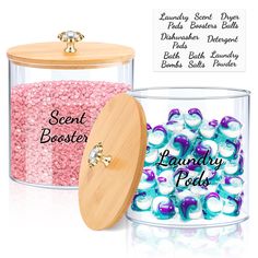 two clear containers filled with pink and blue beads