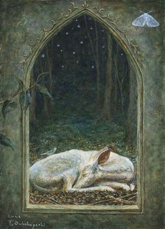 a painting of a sleeping animal in the woods