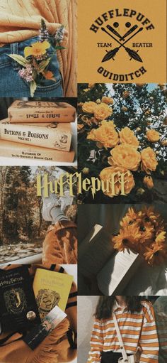 a collage of photos with flowers and books on them, including the words harry potter