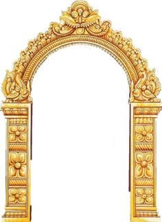 an ornate gold arch with flowers and scrolls on the top, in front of a white background