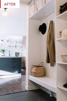 a coat rack with hats and coats hanging on it next to a white shelf filled with shoes