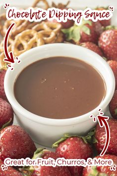 chocolate dipping sauce in a bowl surrounded by strawberries