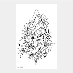 a black and white drawing of flowers with mountains in the background, on a white paper