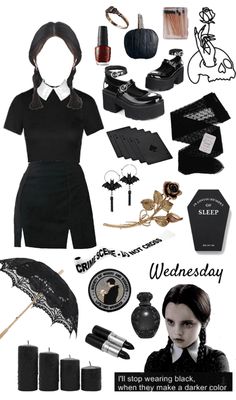 a collage of black and white items including an umbrella, dress, shoes, necklaces