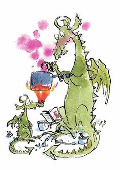 an illustration of a dragon and two children playing with a fire extinguisher