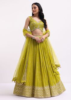 Lime Green Embroidered Georgette Lehenga Choli Set Lime Green Lehenga, Bridesmaids Outfits, Sister Of The Bride, Simple Frock Design, Simple Frocks, Kalki Fashion