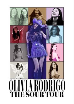 the poster for ollivia rodrigo's tour with her images in different colors