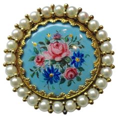 Double use brooch and pendant in 18ct gold with floral enamels finely hand-painted and surrounded by small pearls. From the 1940's circa. Probable Italian provenance. Pearl Pendant, Hand Painted, Pendant, For Sale, Floral, Gold