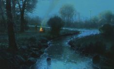 a painting of people standing near a stream in the woods at night with bright lights