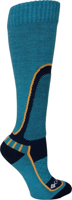 Stay comfortable on the slopes all day long in the Columbia® Ski Slope Over-the-Calf Socks. Designed to keep feet warm and protected while you’re on the mountain, a power mesh arch support maximizes stability as you move. Targeted cushioning on the shin and arch increases durability and comfort so you can go harder longer. Complete with moisture wicking fabric that keeps feet dry and comfortable run after run. Fit & Design: Over-the-calf ski sock keeps feet warm and protected on the slopes Power Blue Winter Sports Socks, Functional Blue Outdoor Socks, Functional Winter Hiking Socks, Sporty Blue Socks For Winter, Ski Slope, Outdoor Socks, Over The Calf Socks, Ski Socks, The Shins