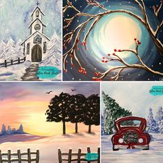 four different paintings of winter scenes with trees and a church in the background, one is red