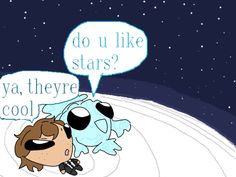 two cartoon characters are talking to each other in front of a night sky with stars