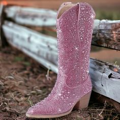 : The Cowboy Boots' Heel Height Is 9cm/3.54in. Based On The Classic Western Boots, The Upper Are Fully Inlaid With Sparkling Rhinestones And Will Be The Show-Stopper Of Any Outfit Sole Material Rubber Shaft Height Calf High Shaft Circumference 13 Inches Pink Sparkly Cowboy Boots, High Heel Sequined Winter Boots, Sparkling High Heel Boots For Party Season, Pink Block Heel Boots For Party, Glamorous High Heel Boots With Glitter Accents, High Heel Boots With Glitter Accents For Party Season, Winter Party Boots With Glitter Accents, Glitter Accents Boots For Winter Party, Sparkling Pointed Toe Winter Boots