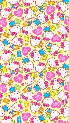 an image of hello kitty wallpaper with many different colors and designs on it's surface