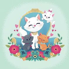 two cats are sitting on a chair surrounded by flowers and hearts, one is hugging the other