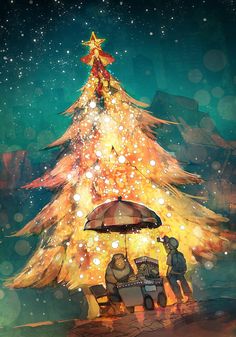 two people under an umbrella standing in front of a christmas tree with lights on it