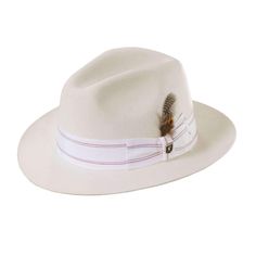 Stiff wool felt snap brim fedora. 2.25" wide brim. Grosgrain ribbon band. Feather and pin accent. Full satin lining. Winter Fedora, White Fedora Hat, Fishing Bucket Hat, Styles For Summer, Gentleman Hat, Fishing Bucket, Hit Man, Steampunk Couture, Steampunk Top Hat