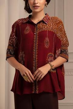 Shop for Rajdeep Ranawat Red Silk Shirt Tunic And Pant Set for Women Online at Aza Fashions Ajrakh Tops, Red Silk Shirt, Rajdeep Ranawat, Abstract Motif, Red Flare, Ladies Wear, Short Shirt, Indian Prints, Fancy Dress Design