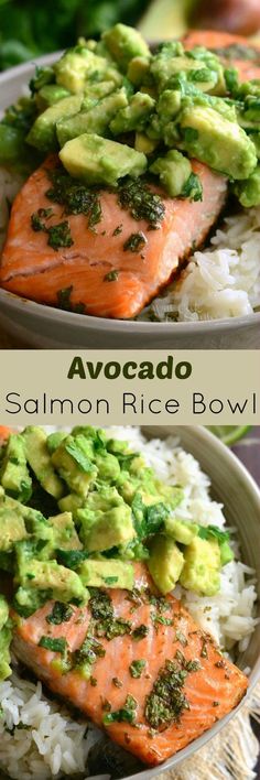 salmon and broccoli on rice with avocado in the middle, and salmon sauce on top