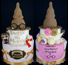 two cakes with hats and glasses on top of each other, one has a sign that says smugle this muggle