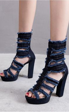 $54.90 - Blue denim bandage Block High Heels with strappy straps. Those heels shoes are for elegant ladies, cool teens and fashion women. Block High Heels, Feminine Women, Elegant Ladies, High Shoes, Dark Blue Denim, Heels Sandals, Heels Shoes, Block Heels Sandal, Heeled Sandals