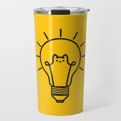 a yellow tumbler cup with a light bulb drawn on it's front and side