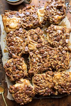 an overhead view of granola bars on a wooden table