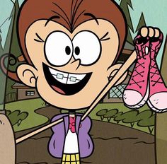 a cartoon character holding up two pairs of pink shoes in front of her face and smiling at the camera