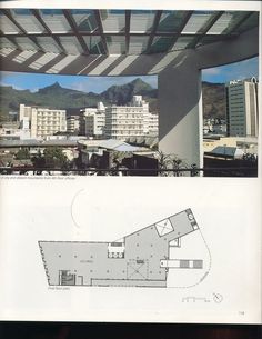 an architectural drawing and plan of a building with mountains in the background