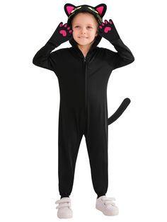 a child wearing a black cat costume with pink paws on it's head and ears