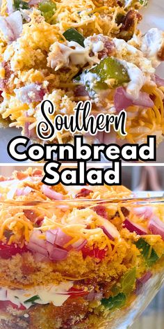 this southern cornbread salad is loaded with meat, cheese, and other toppings