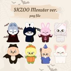 a group of cartoon animals with bats and bats on their heads, all in different colors