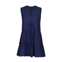 Navy Blue V Neck Ruffle Detail Sleeveless Mini Dress Blue Knee-length Ruffled Sleeveless Dress, Navy Ruffle Dress For Summer, Blue Tiered Sleeveless Dress With Ruffles, Blue Sleeveless Ruffled Mini Dress, Blue Tiered Sleeveless Summer Dress, Blue Tiered Sleeveless Dress For Beach, Blue Tiered Sleeveless Dress For Summer, Blue Tiered Sleeveless Dress For Spring, Navy Ruffled Mini Dress