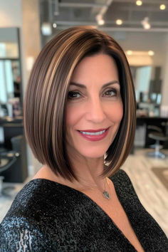 Formal bob hairstyle with a sleek and elegant look. Bob Over 50, Bob Hairstyles Women, Wig Inspiration, Aline Bob, Cute Bob Hairstyles, Graduated Bob, Dark Hair With Highlights, Hairstyles Women, Long Bob Hairstyles