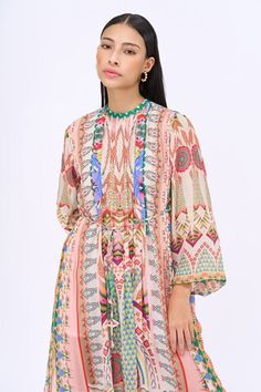 Multicolor kaftan dress with kaleidoscopic print and pintuck detailing on yoke. - Aza Fashions Bohemian Multicolor Print Festive Dress, Festive Multicolor Silk Dress, Multicolor Silk Ikat Print Dress, Multicolor Printed Motifs Maxi Dress For Spring, Multicolor Printed Maxi Dress For Spring, Festive Printed Tunic Dress, Bohemian Multicolor Ikat Print Dress, Long Sleeve Silk Dress With Printed Motifs, Festive Patterned Printed Dress