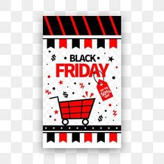 a black friday poster with a shopping cart and stars on it, in red and black colors