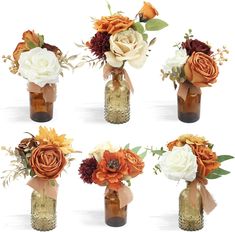 six vases with different flowers in them on a white background, each containing an individual's own bouquet