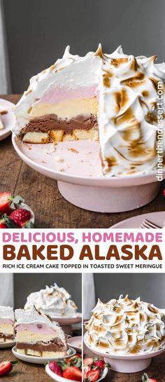 delicious homemade baked alaska cake with whipped cream and strawberries on the side, cut into slices