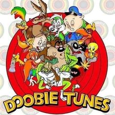 cartoon characters with the words dobie tunes in front of an image of people and animals