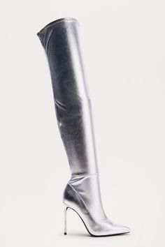 Available In Black And Silver. Thigh High Heeled Boots Pointed Toe 4" Ultra High Heel Imported | Kylan Thigh High Boots in Silver size 9 by Fashion Nova High Heeled Boots, Fashion Nova Shoes, Thigh High Boots Heels, Sweater Jumpsuit, Black And Silver, Thigh High Boots, Shoes Fashion, Thigh High, Thigh Highs