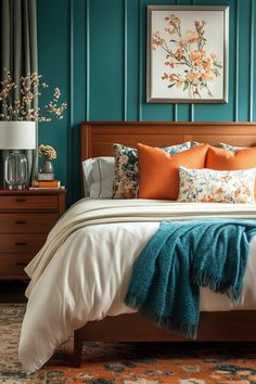 Teal And Rust Bedroom Ideas, Orange And Teal Bedroom Ideas, Teal And Terracotta Bedroom, Teal Bedroom Paint, Dark Teal Bedroom, Teen Girl Bedrooms Ideas, Burnt Orange Bedroom