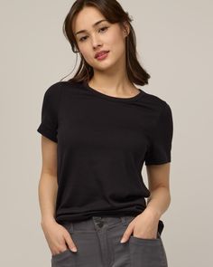 Cara 100% Merino Wool Crew Tee - Black Basic Everyday Modal Tops, Basic Modal Tops For Everyday, Basic Modal Tops For Everyday Wear, Everyday Solid Color Modal Tops, Casual Soft Stretch Top For Work, Aegean Teal, Capsule Wardrobe Dresses, Flamboyant Gamine, Neckline Slimmer