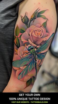 a dragonfly sitting on top of a flower next to a pink rose with green leaves