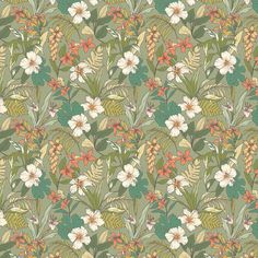 an image of a floral pattern with leaves and flowers on green background for wallpaper