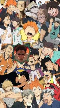 an image of many different anime characters in the same group, one with his mouth open